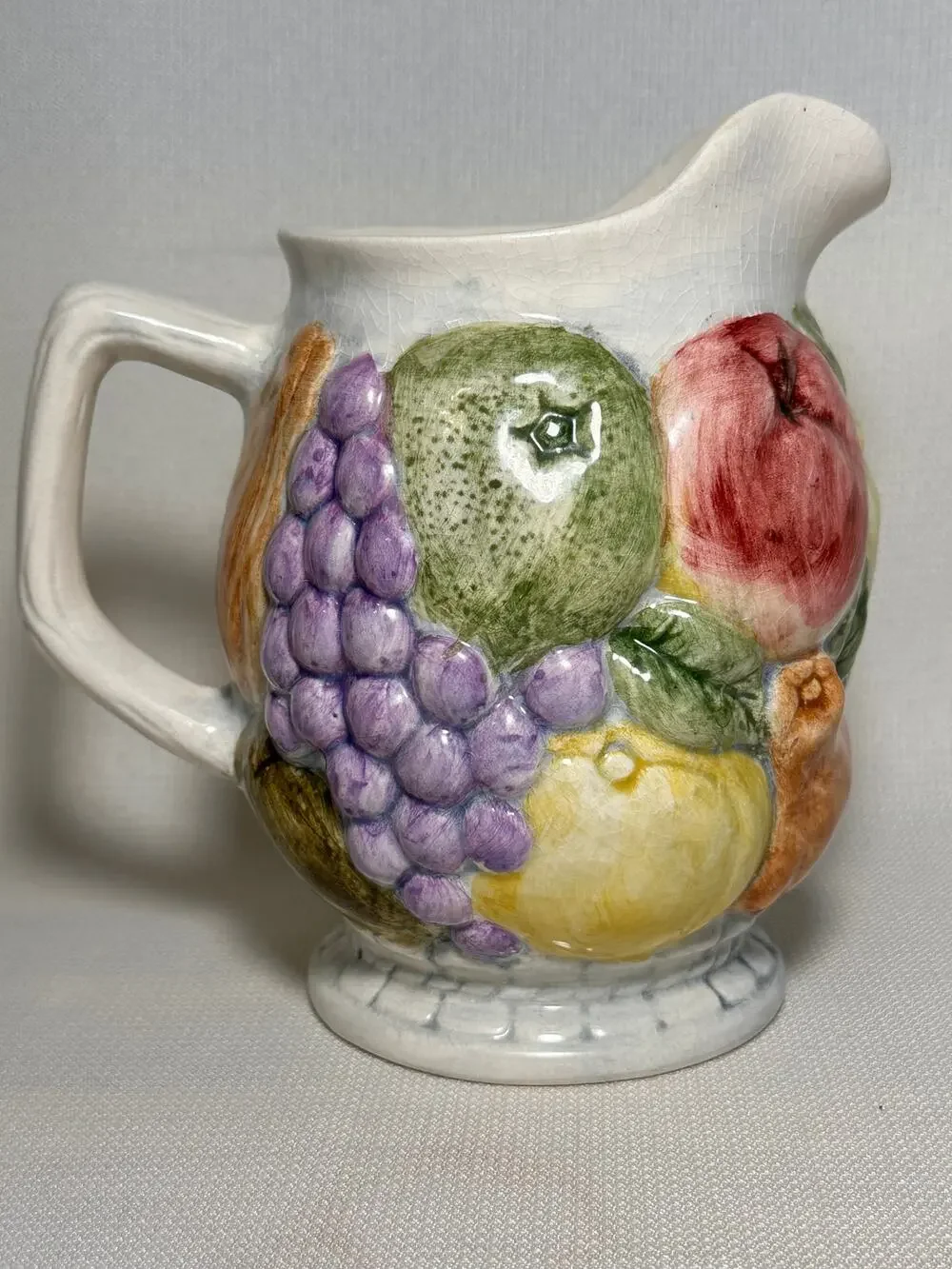 Vintage Otagiri Japan Majolica Style Ceramic Pitcher Hand-Painted Embossed Fruit